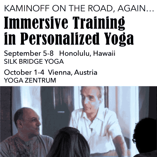 Kaminoff on the road, again… Immersive Training in Personalized Yoga: Aug 28-31 You & the Mat, Laguna Niguel, CA; Sept 5-8, Silk Bridge, Honolulu, HI; Oct 1-4 Yoga Zentrum, Vienna, Austria