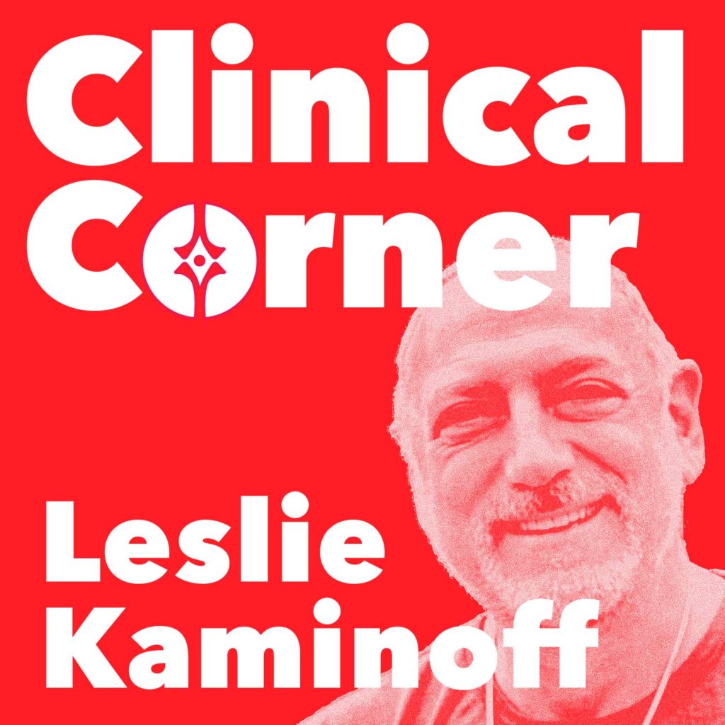 Clinical Corner logo, featuring a smiling LEslie Kaminoff on a bright red background.