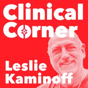 Clinical Corner logo, featuring a smiling Leslie Kaminoff on a bright red background.