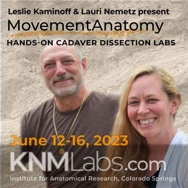 Leslie Kaminoff & Lauri Nemetz present Movement Anatomy, Hands-on Cadaver Dissection Labs. Two weeks in 2023 • June 5–9• June 12-16 www.knmlabs.com